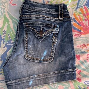 Miss Me Distressed Dark Blue Jean Shorts